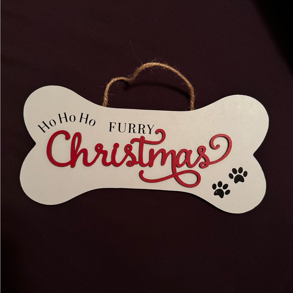 Furry Christmas Doggie Bone Sign - White and Red